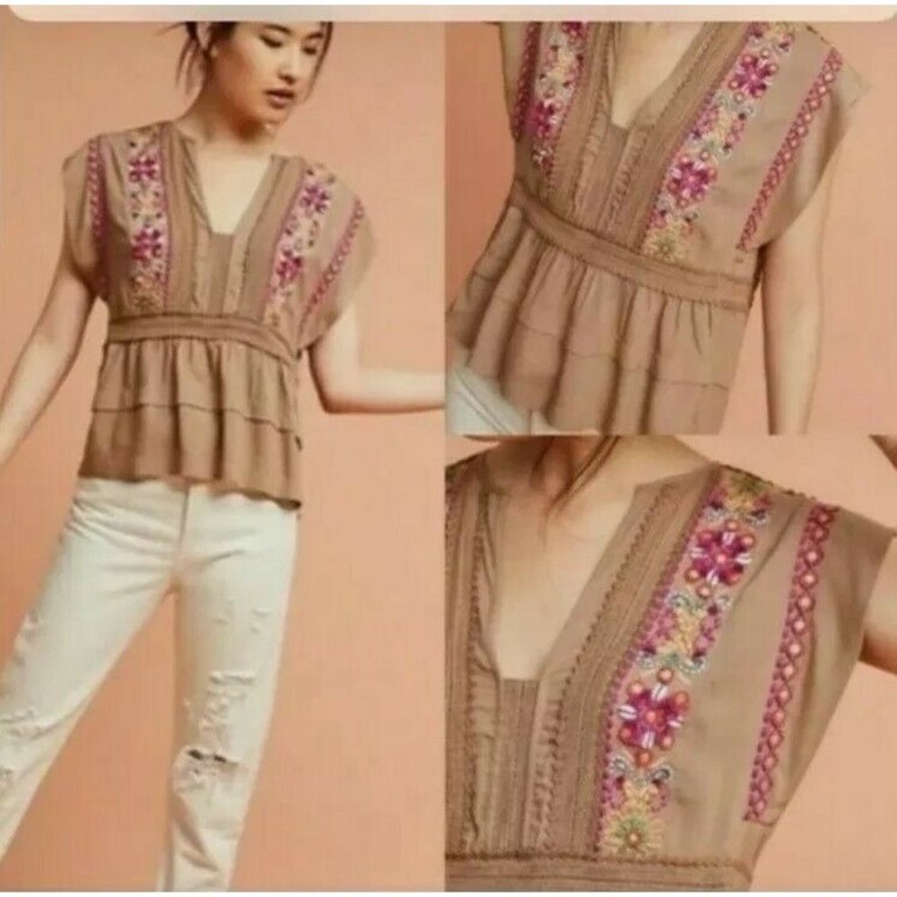 BLNK London Anthropologis Size S Sedona embroiderrd top brown v-neck cap sleeve